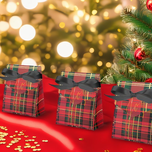 Festive Tartan Red & Green Gold 'Joy'  Favor Boxes (Stylish Christmas Red and Green 'Joy' Tartan Plaid Holiday Gift Favor Boxes )
