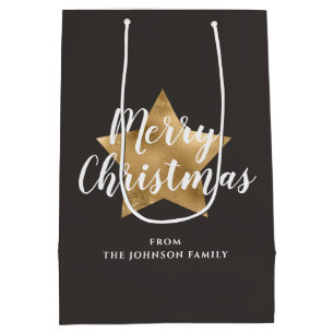 Festive Taupe Brown Gold Star Christmas Medium Gift Bag