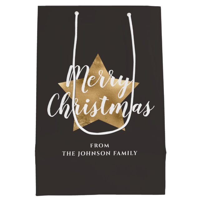 Festive Taupe Brown Gold Star Christmas  Medium Gift Bag (Back)