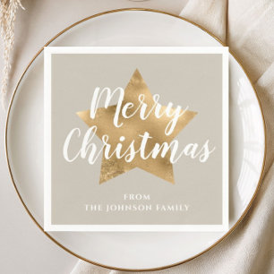 Festive Taupe Gold Star Christmas Napkins