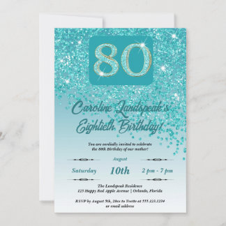 Festive Teal Blue Glitter 80th Birthday Invitation