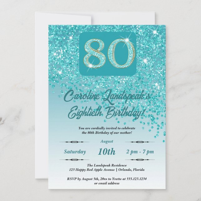 Festive Teal Blue Glitter 80th Birthday Invitation (Front)