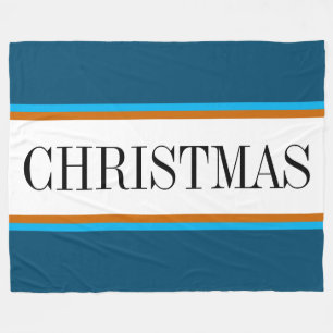 Festive Teal Blue White Brown CHRISTMAS Stripes Fleece Blanket
