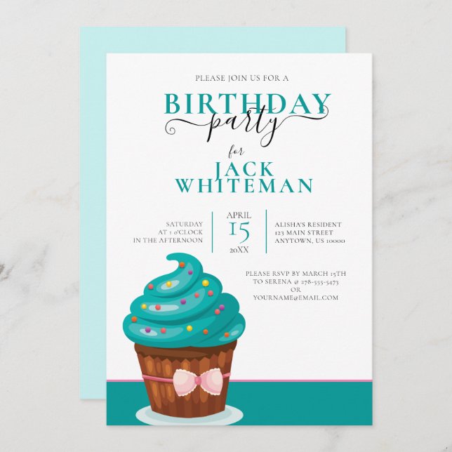 FESTIVE TEAL CUPCAKE  BIRTHDAY PARTY INVITATION (Front/Back)