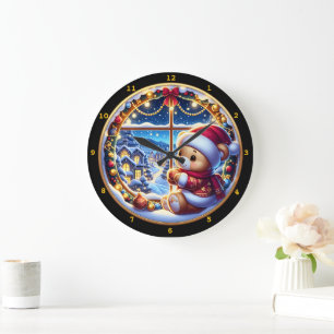 Festive Teddy Bear and Winter Landscape Scene Large Clock