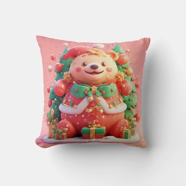Festive Teddy Bear With Gifts and Christmas Tree Throw Pillow (Front)