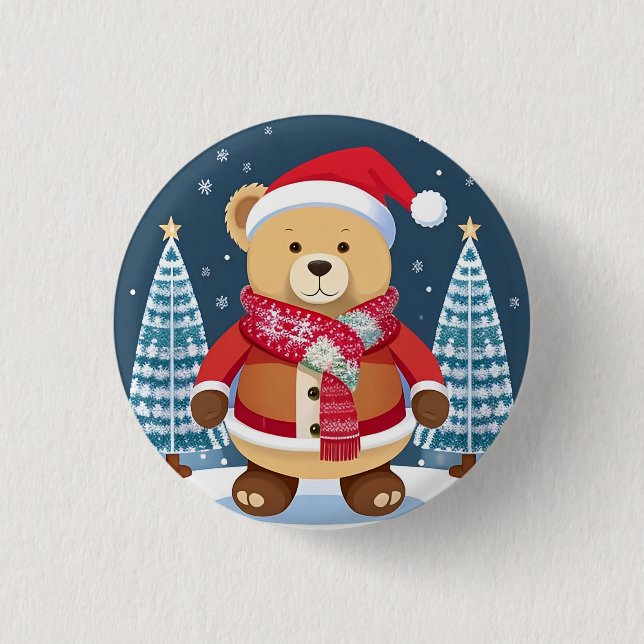 Festive Teddy Bear With Santa Hat Button (Front)