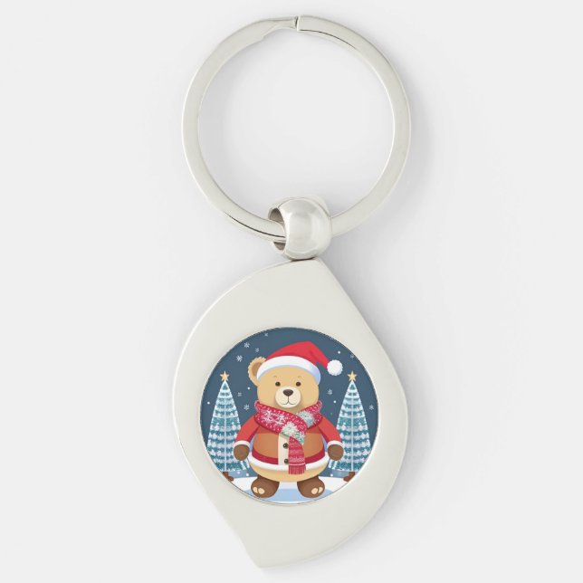 Festive Teddy Bear With Santa Hat Keychain (Front)