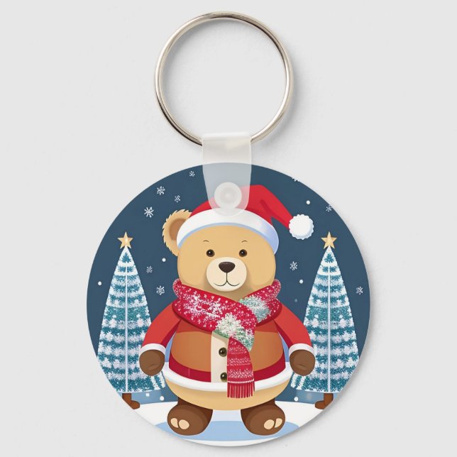 Festive Teddy Bear With Santa Hat Keychain (Front)
