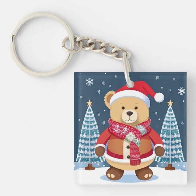 Festive Teddy Bear With Santa Hat Keychain (Front)