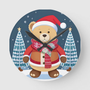 Festive Teddy Bear With Santa Hat Round Clock