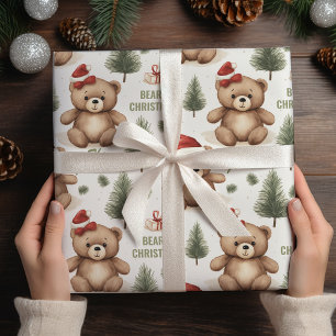 Festive Teddy Bears Family Name Wrapping Paper