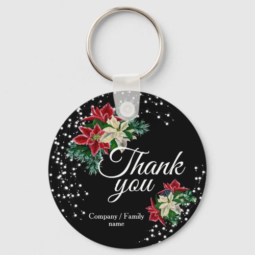 Festive Thank You Floral Poinsettia Black Keychain