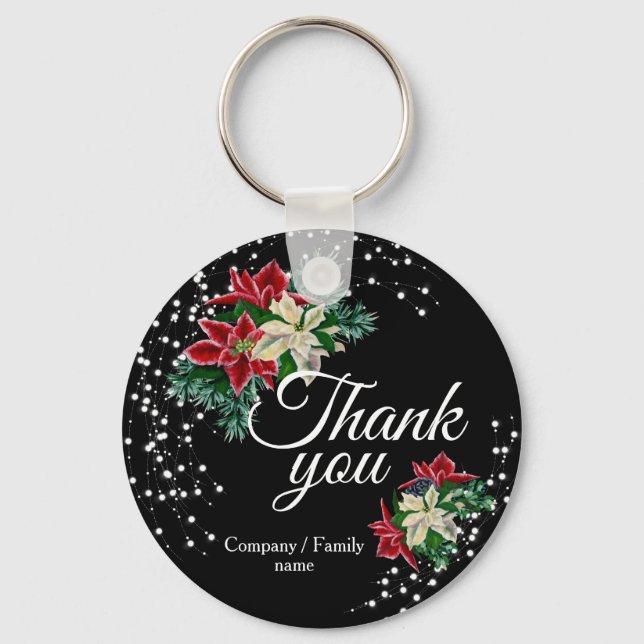 Festive Thank You Floral Poinsettia Black Keychain (Front)