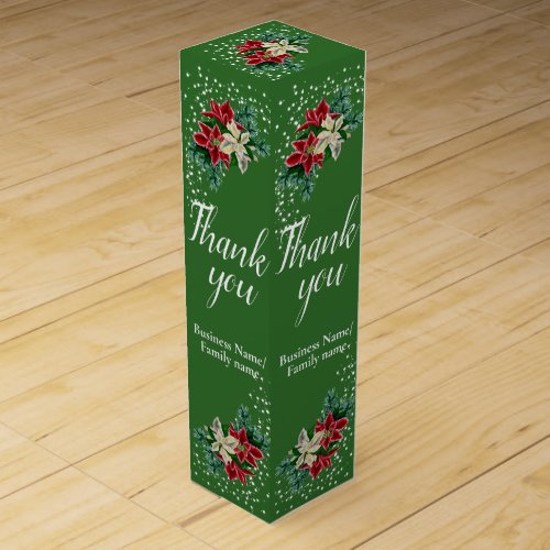 Festive Thank You Poinsettia Floral Green Wine Box