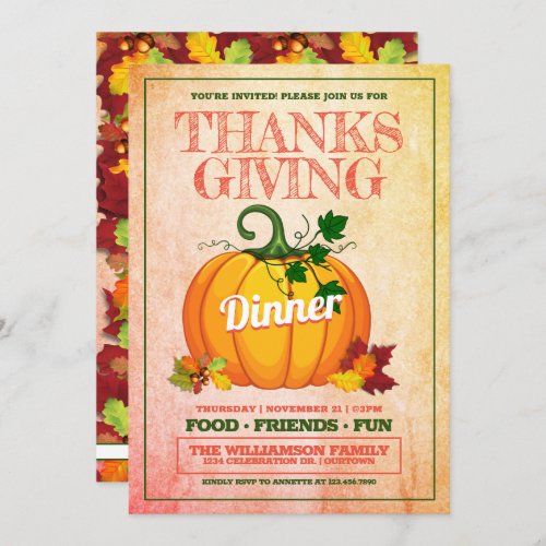 Festive Thanksgiving Dinner Party Invitations - Share the thanks this year when you personalize these lovely Thanksgiving Dinner invitations to send or hand out to your intended guests.
