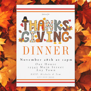 Festive Thanksgiving Dinner Turkey Pumpkin Leaves Invitation