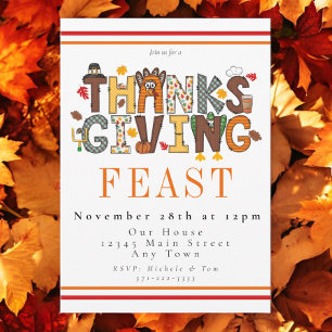 Festive Thanksgiving Feast Turkey Football Leaves Invitation