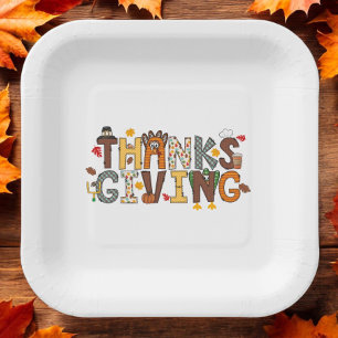 Festive Thanksgiving Feast Turkey Football Leaves Paper Plates