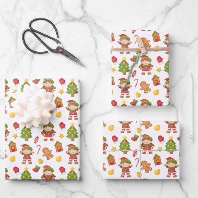Festive tiled Christmas girl elf pattern Wrapping Paper Sheets (Front)
