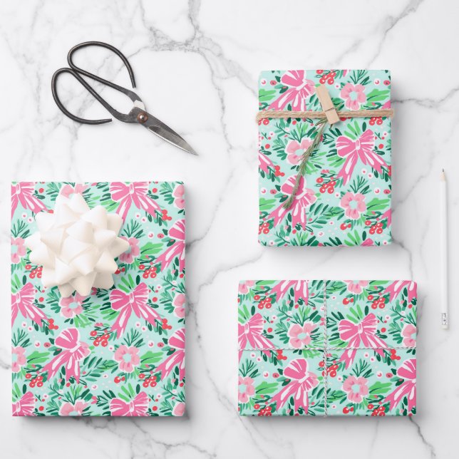 Festive tiled pink Christmas bow pattern  Wrapping Paper Sheets (Front)