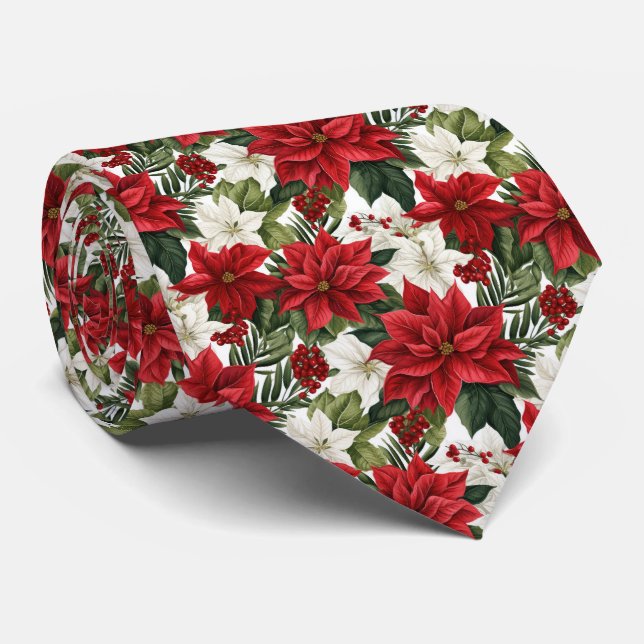 Festive tiled poinsettia pattern  neck tie (Rolled)