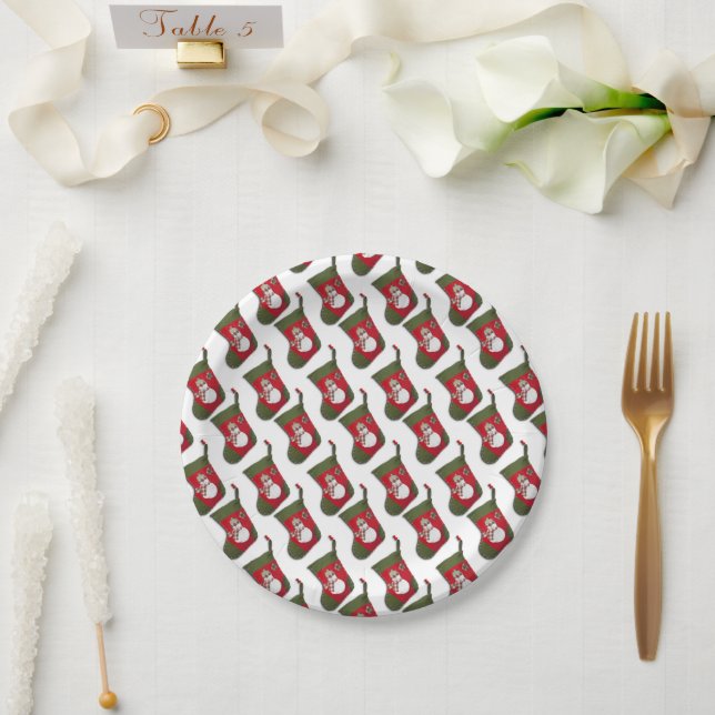 Festive Tiled Snowman Christmas Stocking Party Paper Plates (Wedding)