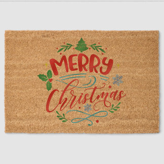Festive Traditional Merry Christmas Greeting Fiber Doormat