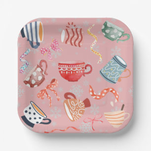 Festive traditional pattern design pink red blue paper plates