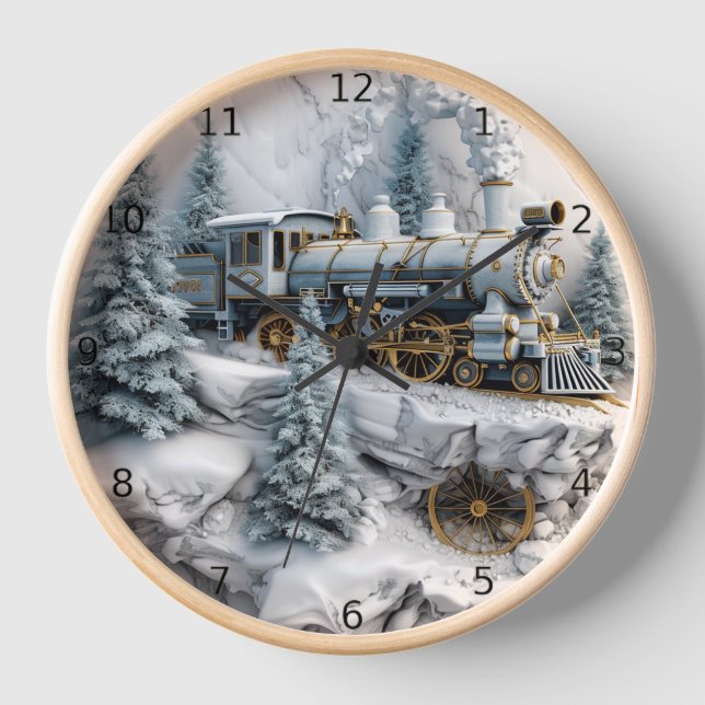 Festive train trip through snowy peaks clock (Front)