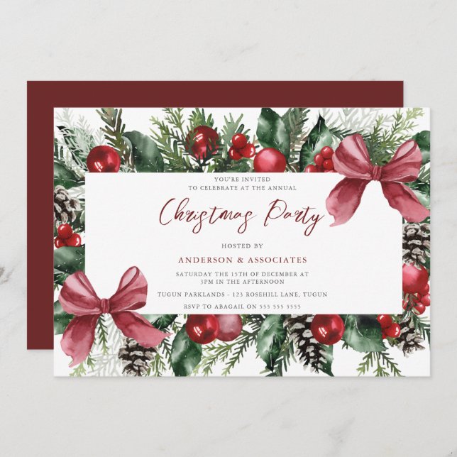 Festive Tree Balls & Bow Wreath Christmas Party Invitation (Front/Back)