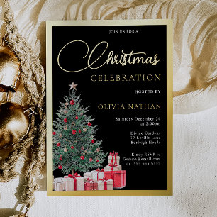 Festive Tree Black Office Christmas Party Gold Foil Invitation