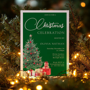 Festive Tree Christmas Party Green & Silver Foil Invitation