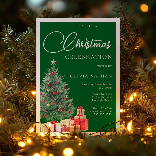Festive Tree Christmas Party Green & Silver Foil Invitation (Creator Uploaded)