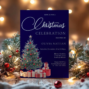 Festive Tree Family Navy Corporate Christmas Party Invitation