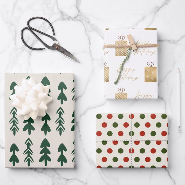 Festive Tree Gifts Dots Seamless Pattern Holiday Wrapping Paper Sheets (Front)