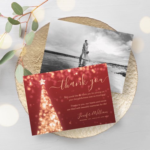 Festive Tree Gold Red Wedding Photo Thank You  Invitation