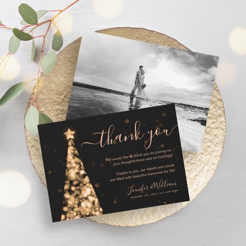 Festive Tree Gold Wedding Photo Thank You  Invitation