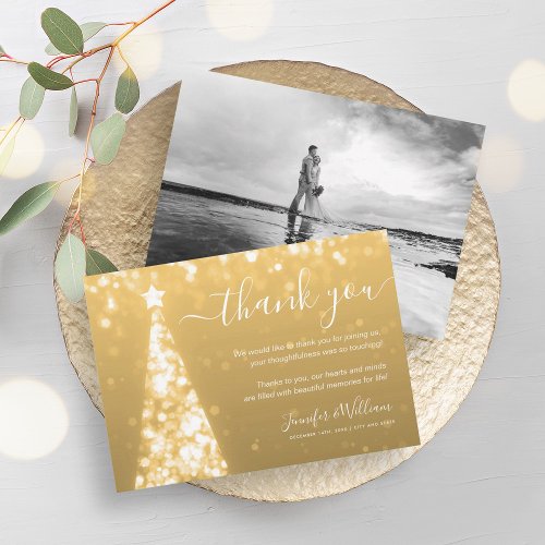 Festive Tree Gold Wedding Photo Thank You  Invitation