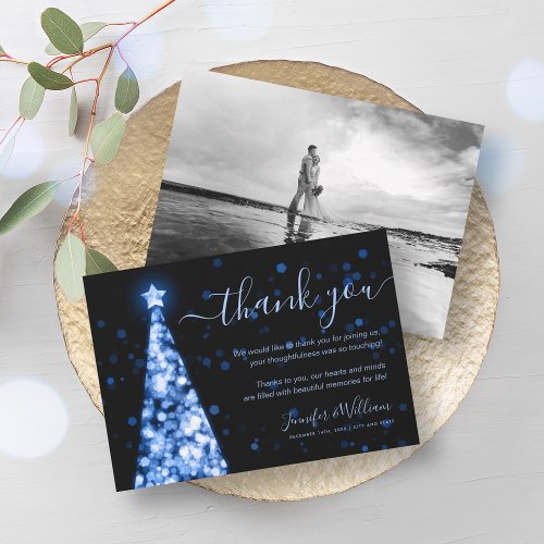 Festive Tree Navy Blue Wedding Photo Thank You  Invitation