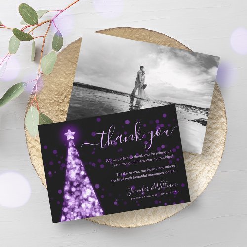 Festive Tree Purple Wedding Photo Thank You  Invitation