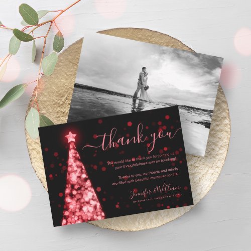 Festive Tree Red Black Wedding Photo Thank You  Invitation