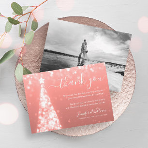 Festive Tree Rose Gold Wedding Photo Thank You Invitation