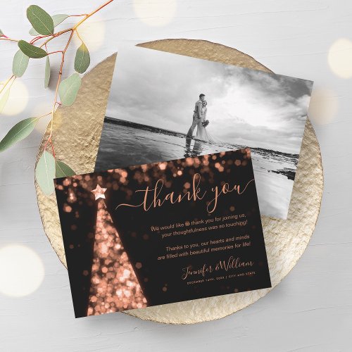 Festive Tree Rose Gold Wedding Photo Thank You  Invitation