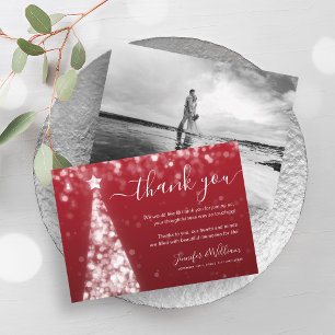 Festive Tree Silver Red Wedding Photo Thank You  Invitation