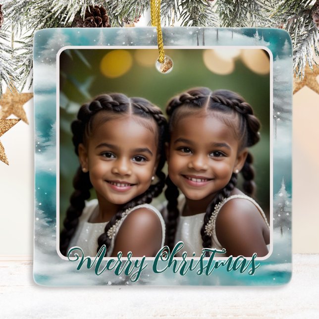 Festive Trees Winter Snow 1 Photo Merry Christmas Ceramic Ornament (A custom Christmas ornament for you to display a favorite photo and your own message on the back)
