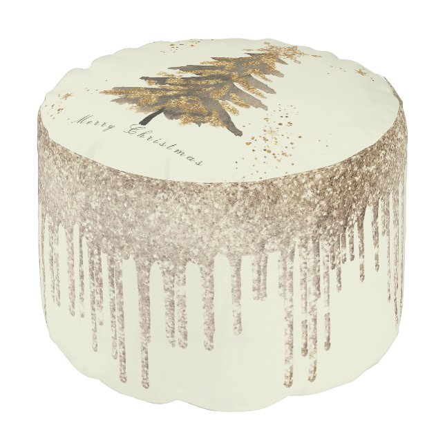 Festive Trendy Golden Christmas Tree & Drips Pouf (Angled Back)