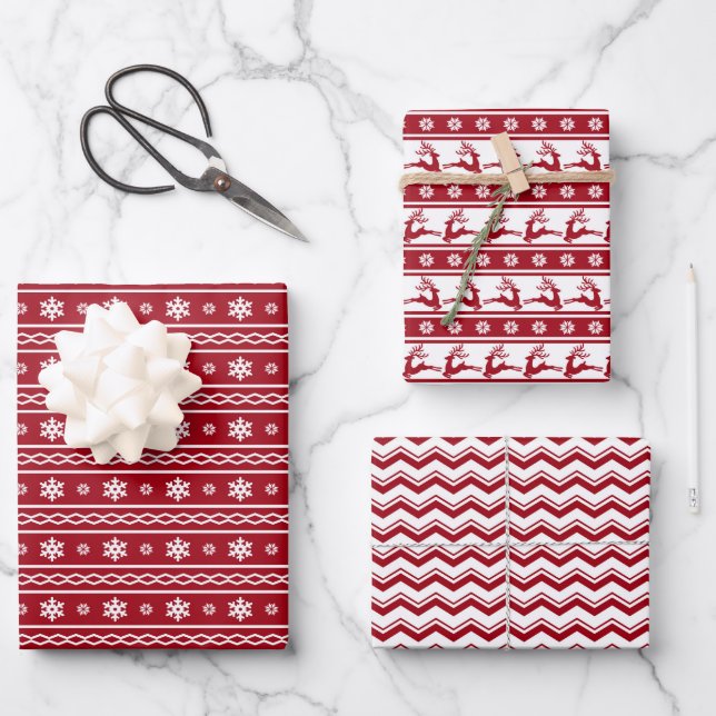 Festive Trendy Retro Red  White christmas Pattern Wrapping Paper Sheets (Front)