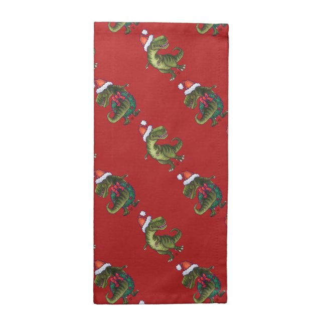 Festive TRex Heads and Tails Red Pattern Christmas Napkin (Half Fold)