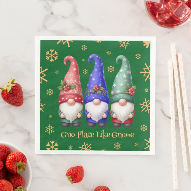 Festive Trio of Christmas Gnomes with Snowflakes Paper Dinner Napkins (Insitu)